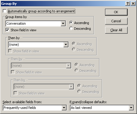 Group by dialog box within Custom View options