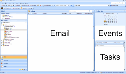 Oulook window with email, event and task areas marked. Tasks are in the bottom right of the image